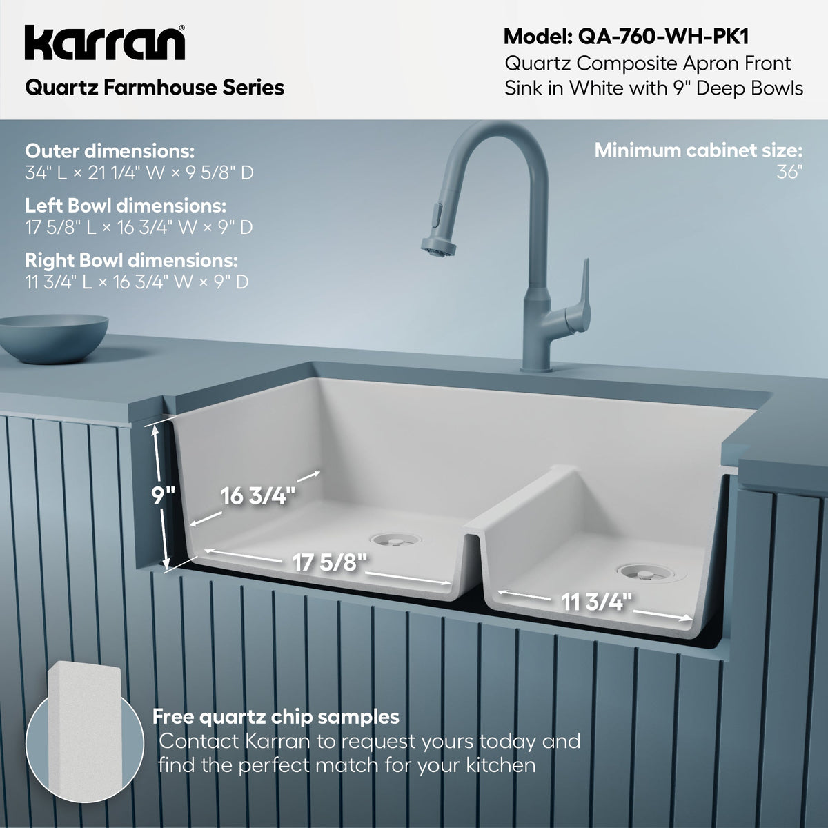 34" Farmhouse Double Offset Bowl Quartz Composite Kitchen Sink Kit In White