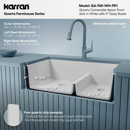 34" Farmhouse Double Offset Bowl Quartz Composite Kitchen Sink Kit In White