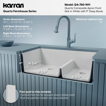 34" Farmhouse Double Offset Bowl Quartz Composite Kitchen Sink In White