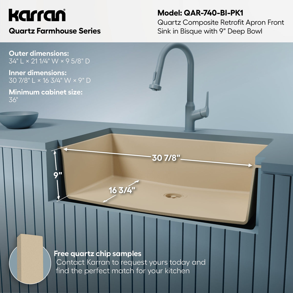 34"" Retrofit Farmhouse Large Single Bowl Quartz Composite Kitchen Sink Kit In Bisque