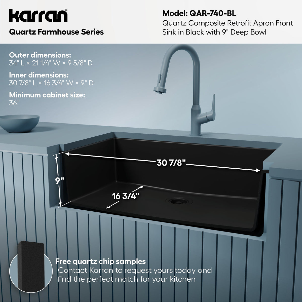 34" Retrofit Farmhouse Large Single Bowl Quartz Composite Kitchen Sink In Black