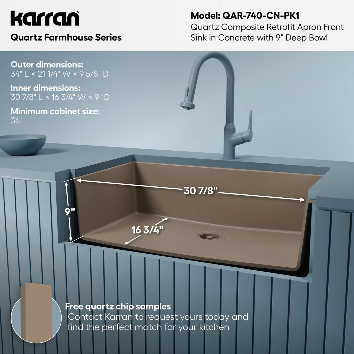 34" Retrofit Farmhouse Large Single Bowl Quartz Composite Kitchen Sink Kit In Concrete