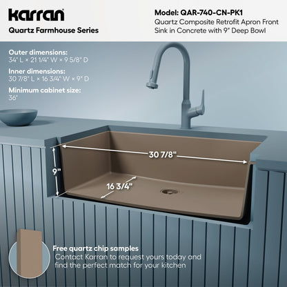 34" Retrofit Farmhouse Large Single Bowl Quartz Composite Kitchen Sink Kit In Concrete