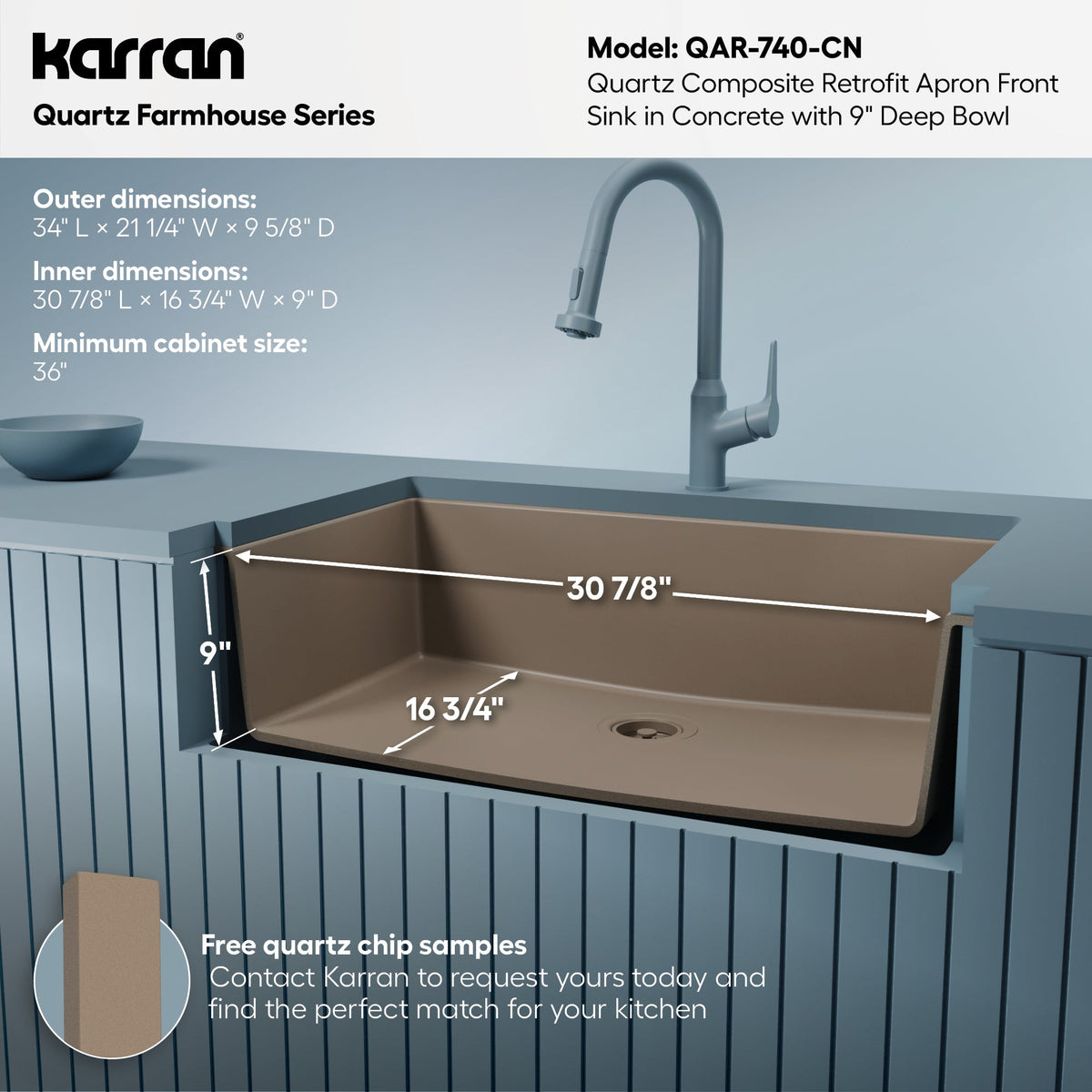 34" Retrofit Farmhouse Large Single Bowl Quartz Composite Kitchen Sink In Concrete
