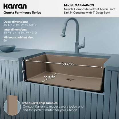 34" Retrofit Farmhouse Large Single Bowl Quartz Composite Kitchen Sink In Concrete