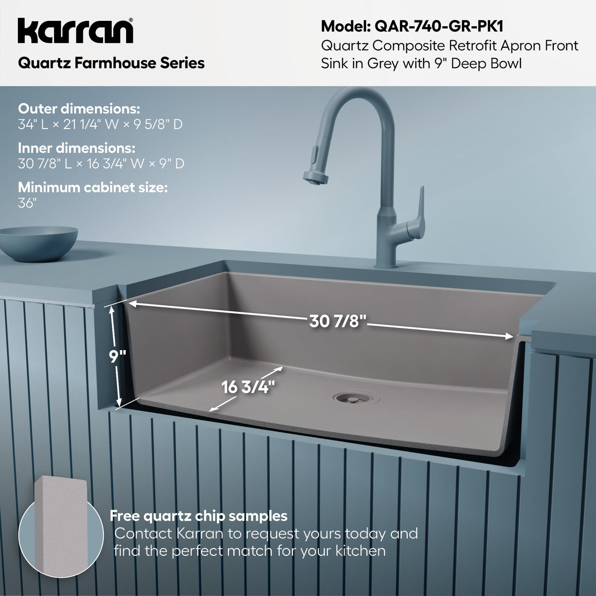 34" Retrofit Farmhouse Large Single Bowl Quartz Composite Kitchen Sink Kit In Grey