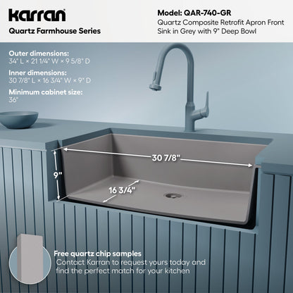 34" Retrofit Farmhouse Large Single Bowl Quartz Composite Kitchen Sink In Grey