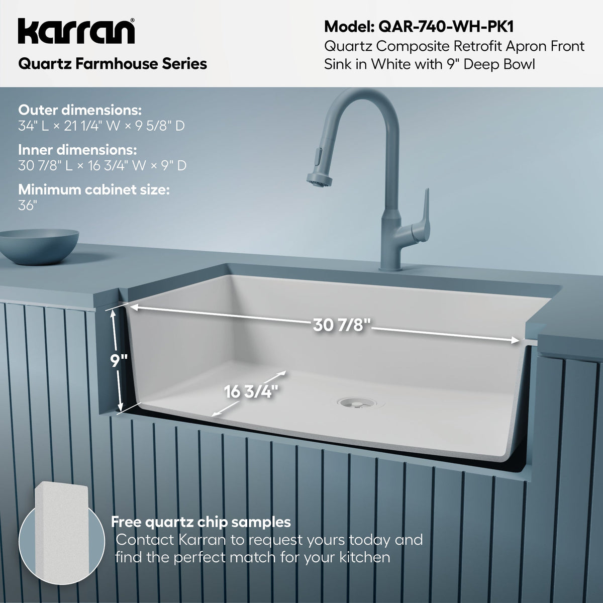 34" Retrofit Farmhouse Large Single Bowl Quartz Composite Kitchen Sink Kit In White