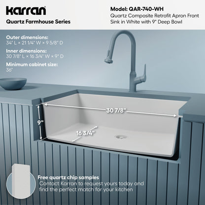 34" Retrofit Farmhouse Large Single Bowl Quartz Composite Kitchen Sink In White