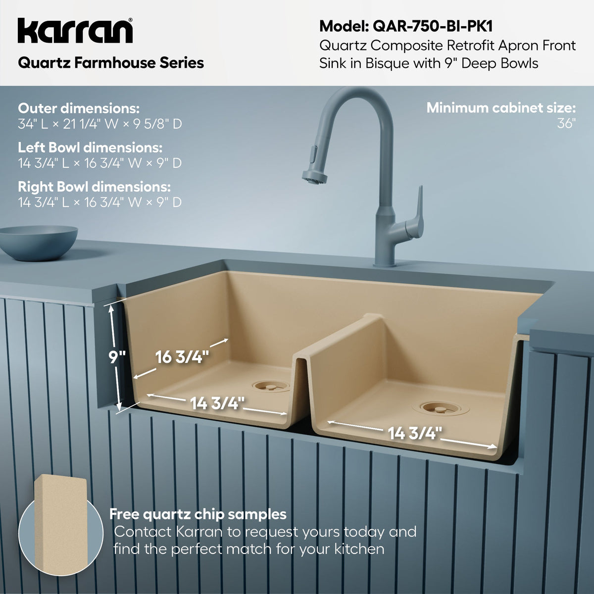 34" Retrofit Farmhouse Double Equal Bowl Quartz Composite Kitchen Sink Kit In Bisque