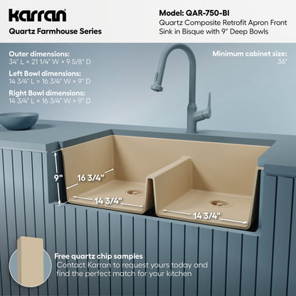 34" Retrofit Farmhouse Double Equal Bowl Quartz Composite Kitchen Sink In Bisque