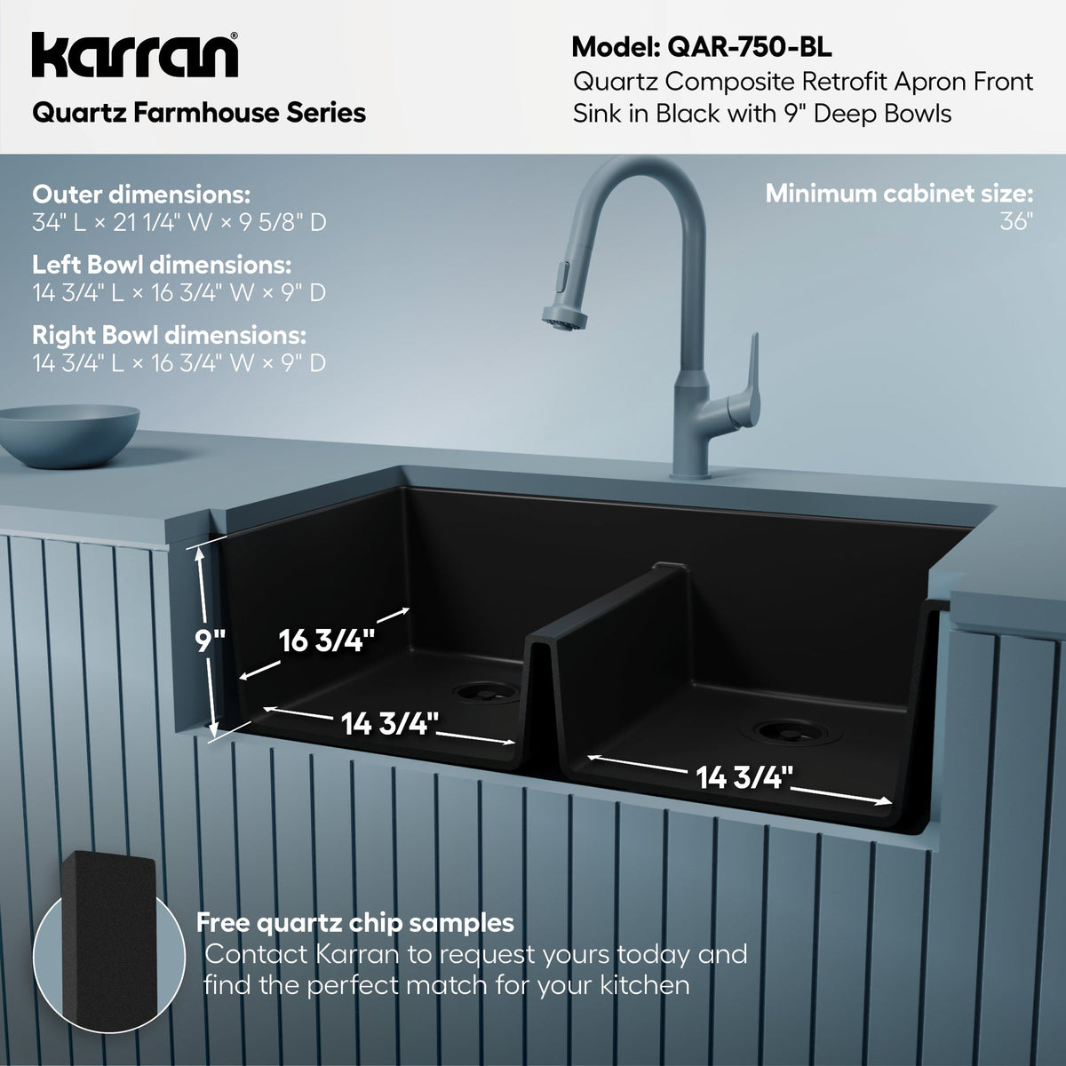 34" Retrofit Farmhouse Double Equal Bowl Quartz Composite Kitchen Sink In Black