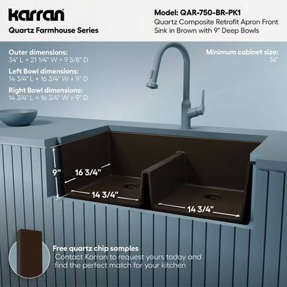 34" Retrofit Farmhouse Double Equal Bowl Quartz Composite Kitchen Sink Kit In Brown