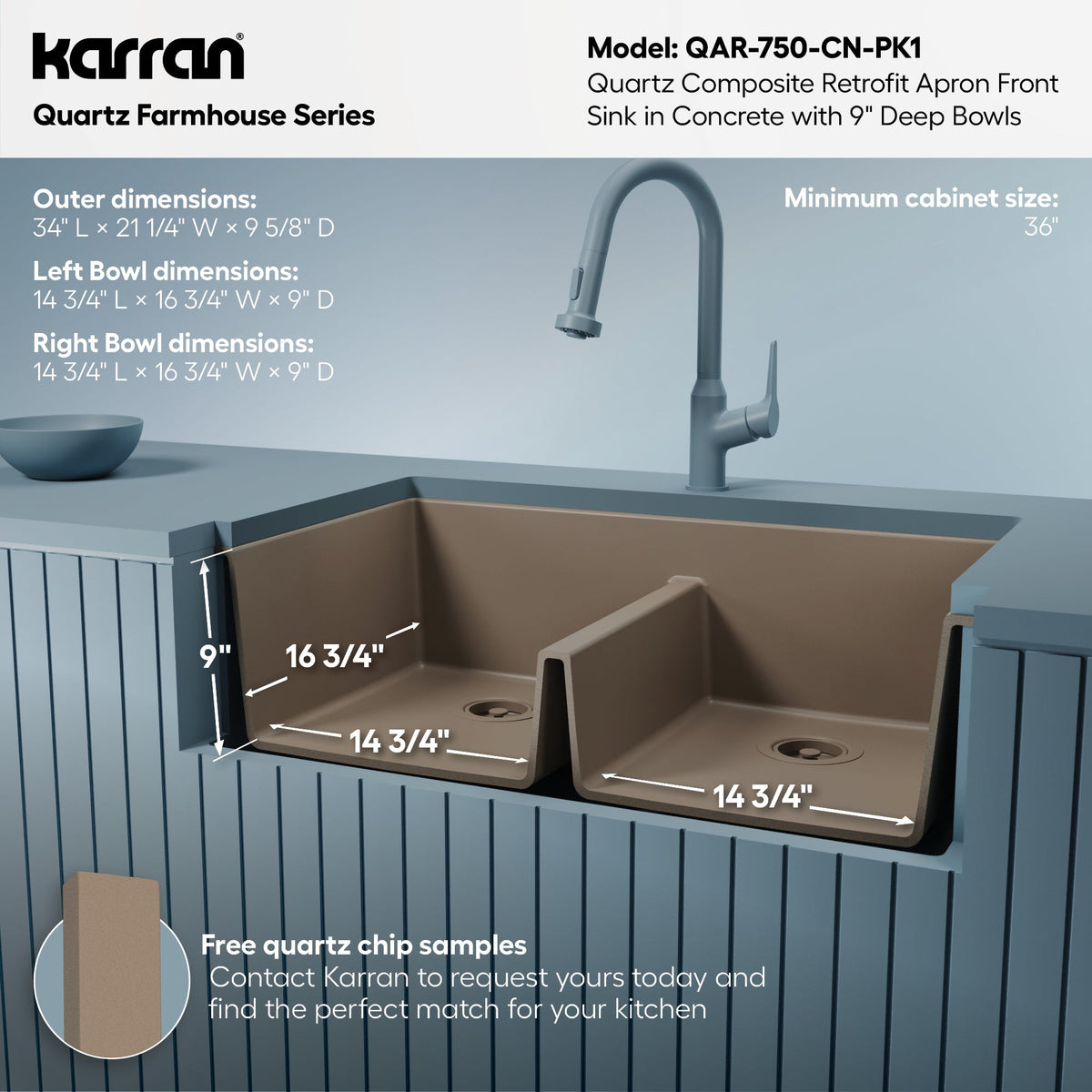 34" Retrofit Farmhouse Double Equal Bowl Quartz Composite Kitchen Sink Kit In Concrete