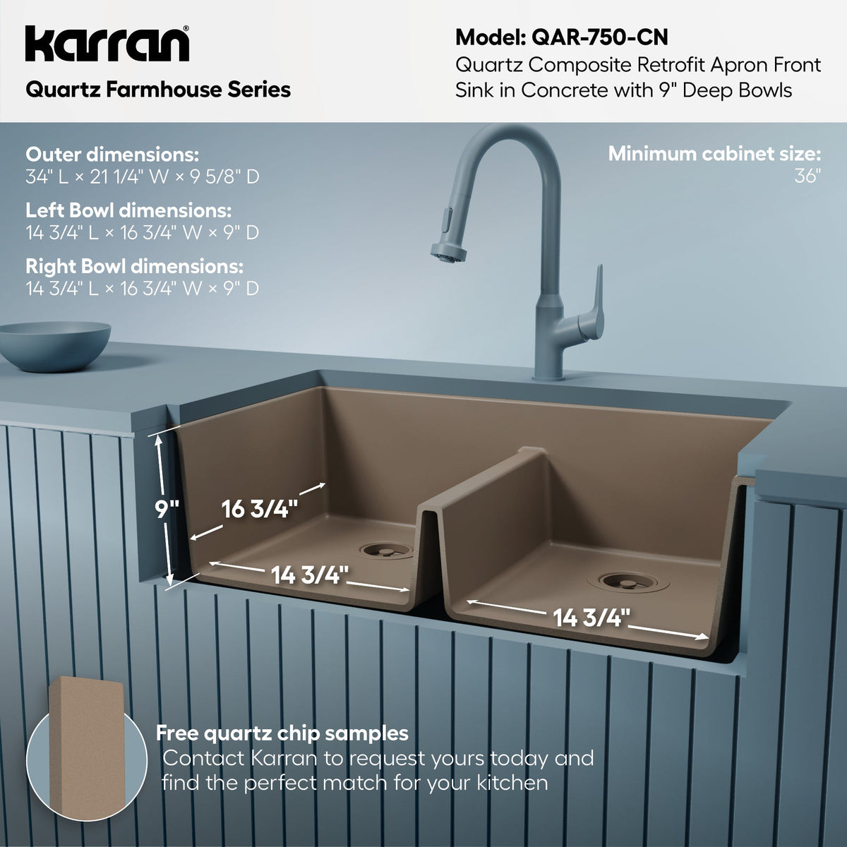 34" Retrofit Farmhouse Double Equal Bowl Quartz Composite Kitchen Sink In Concrete
