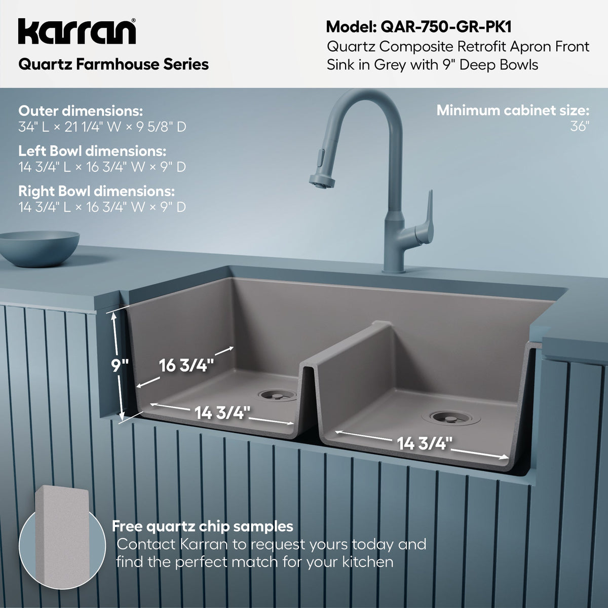 34" Retrofit Farmhouse Double Equal Bowl Quartz Composite Kitchen Sink Kit In Grey
