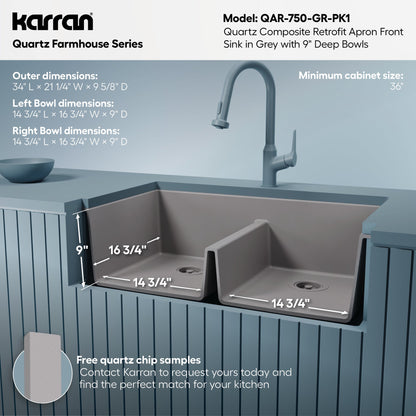 34" Retrofit Farmhouse Double Equal Bowl Quartz Composite Kitchen Sink Kit In Grey
