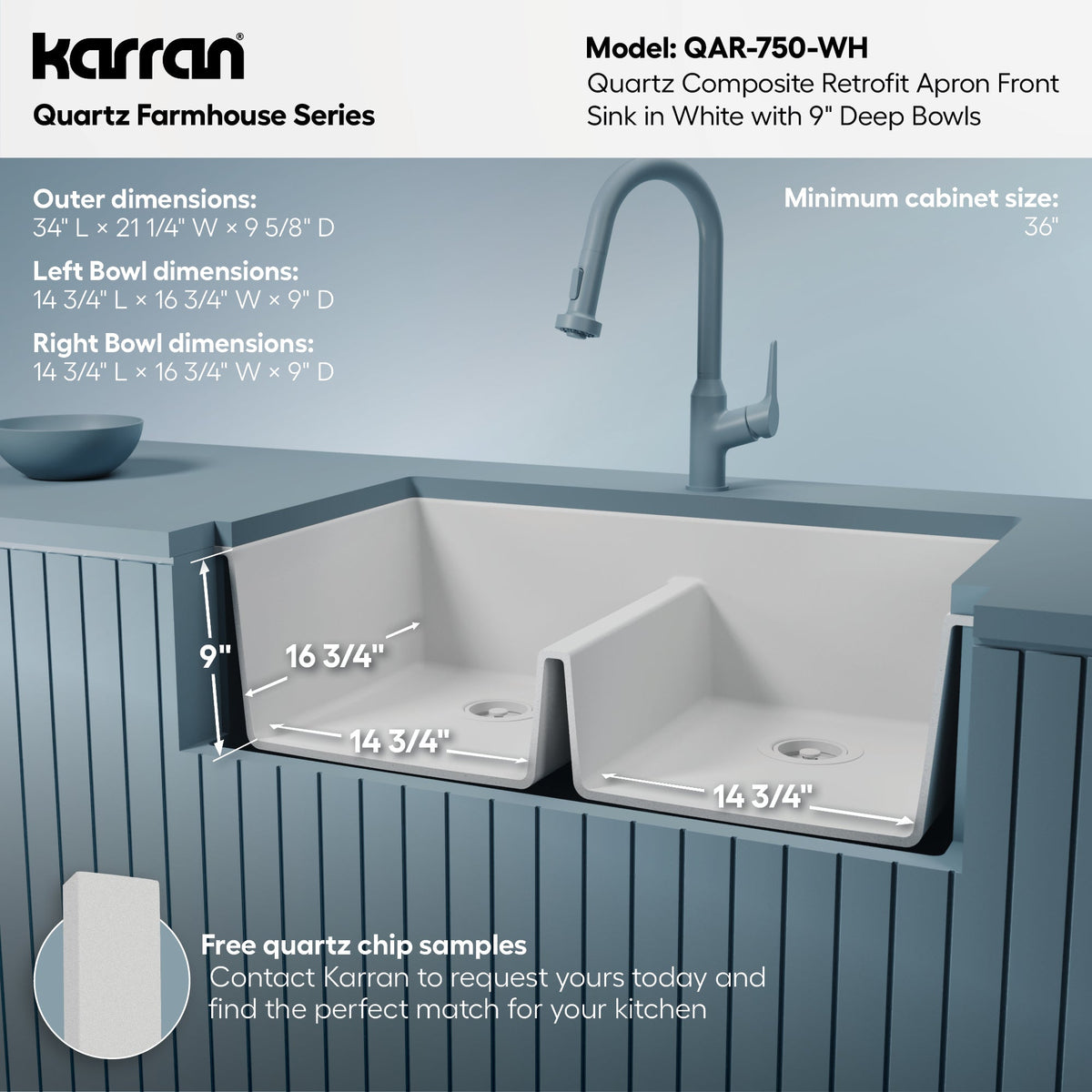 34" Retrofit Farmhouse Double Equal Bowl Quartz Composite Kitchen Sink In White