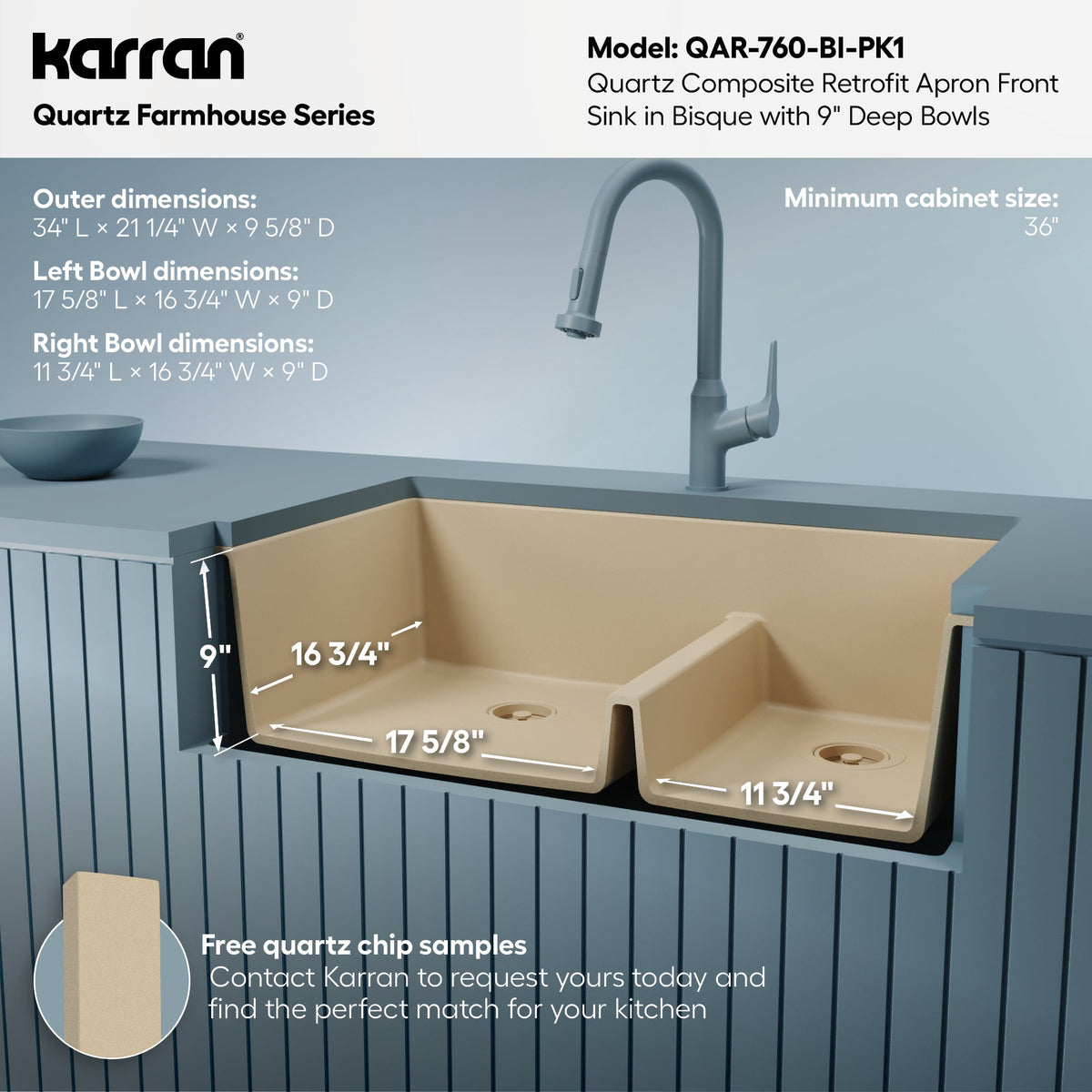 34" Retrofit Farmhouse Double Offset Bowl Quartz Composite Kitchen Sink Kit In Bisque