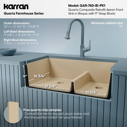 34" Retrofit Farmhouse Double Offset Bowl Quartz Composite Kitchen Sink Kit In Bisque