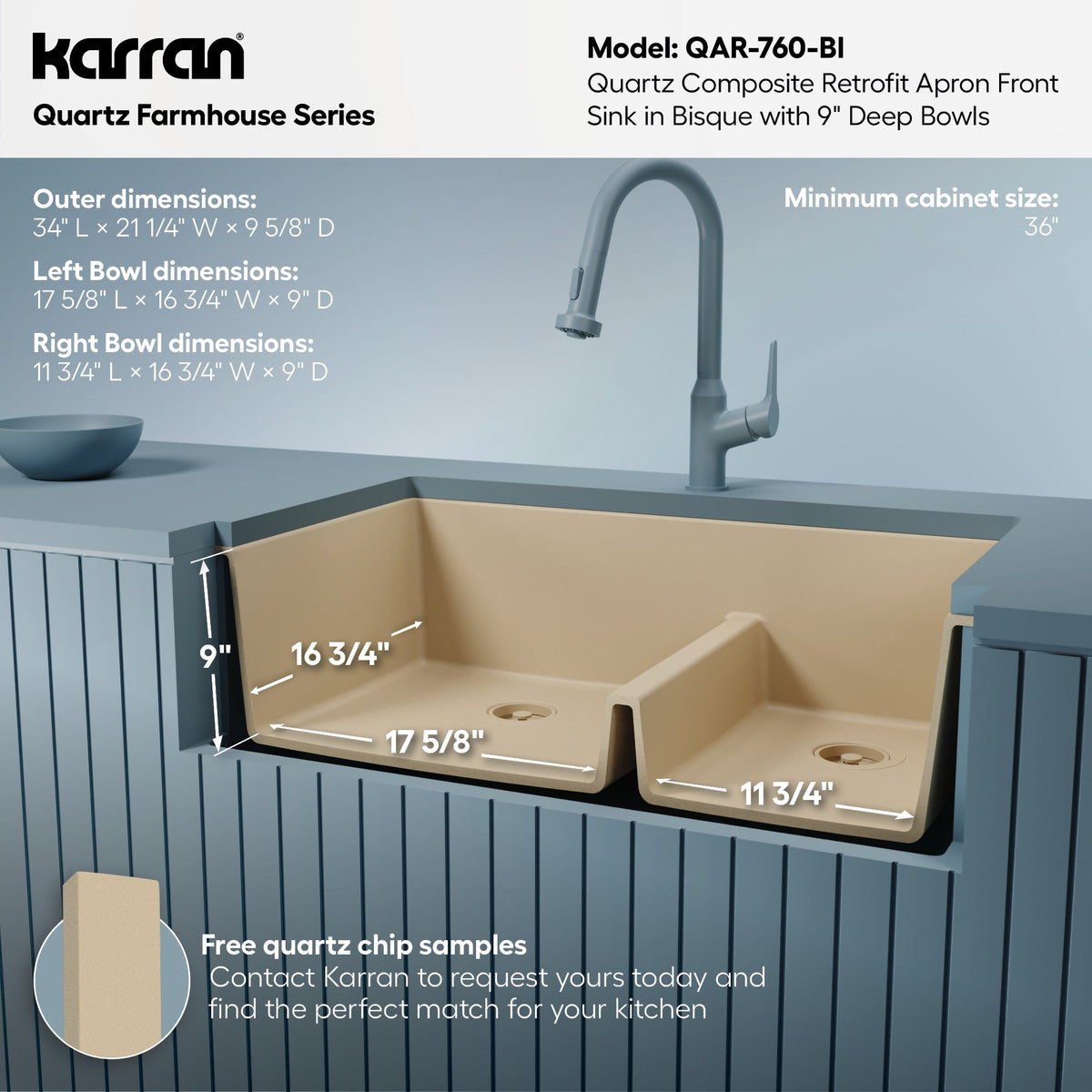 34" Retrofit Farmhouse Double Offset Bowl Quartz Composite Kitchen Sink In Bisque