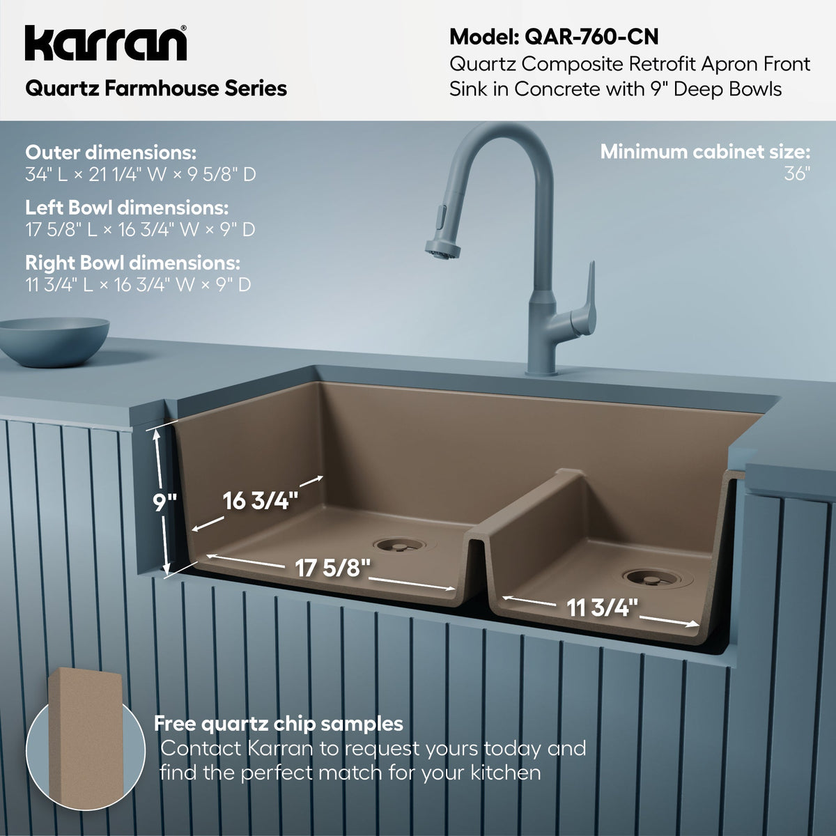 34" Retrofit Farmhouse Double Offset Bowl Quartz Composite Kitchen Sink In Concrete