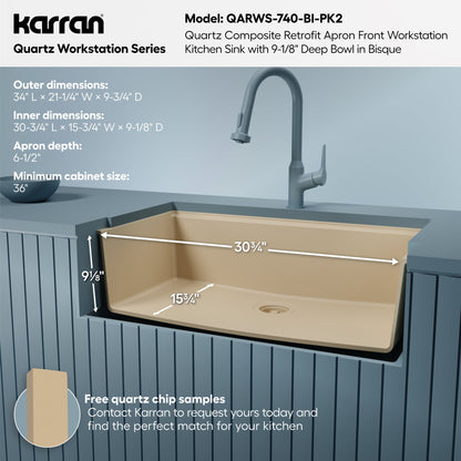 34" Apron Front Single Bowl Quartz Kitchen Sink Kit In Bisque