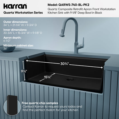 34" Apron Front Single Bowl Quartz Kitchen Sink Kit In Black