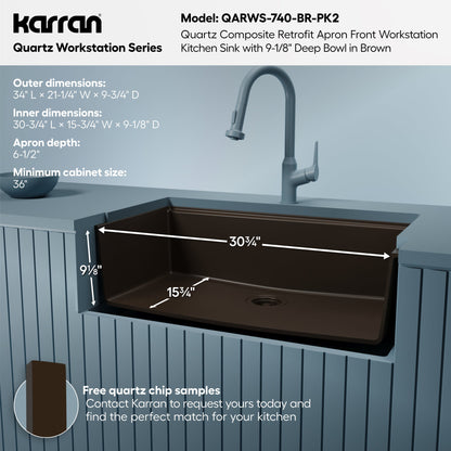 34" Apron Front Single Bowl Quartz Kitchen Sink Kit In Brown