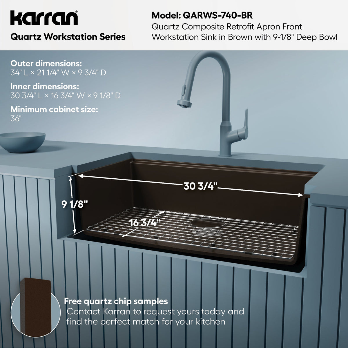 34" Retrofit Farmhouse Large Single Bowl Quartz Composite Workstation Kitchen Sink In Brown