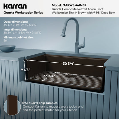 34" Retrofit Farmhouse Large Single Bowl Quartz Composite Workstation Kitchen Sink In Brown
