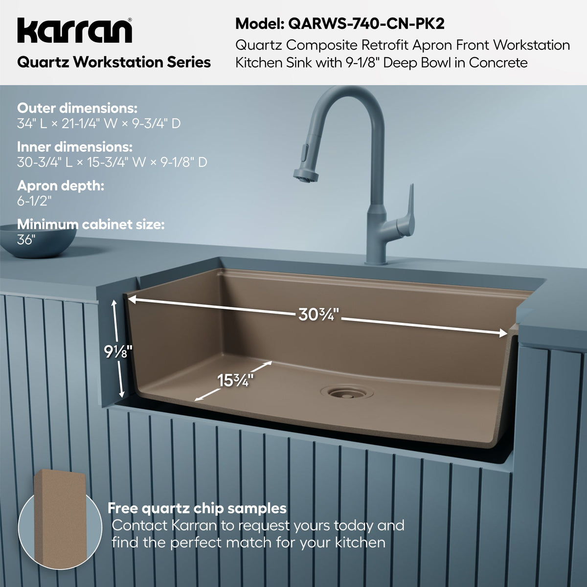 34" Apron Front Single Bowl Quartz Kitchen Sink Kit In Concrete