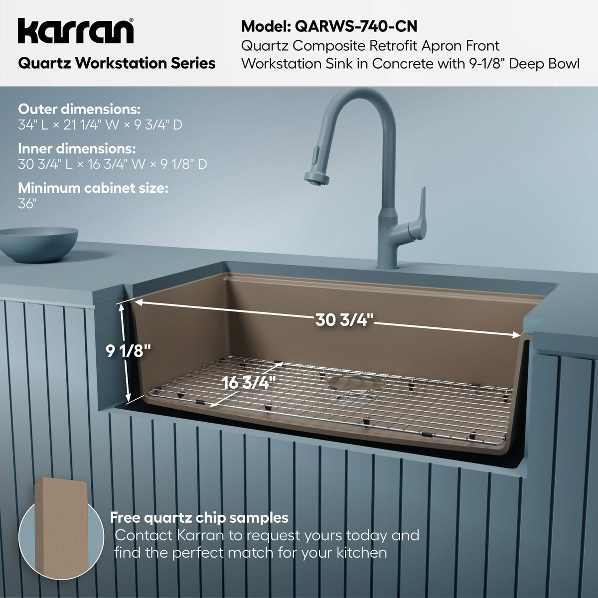 34" Retrofit Farmhouse Large Single Bowl Quartz Composite Workstation Kitchen Sink In Concrete