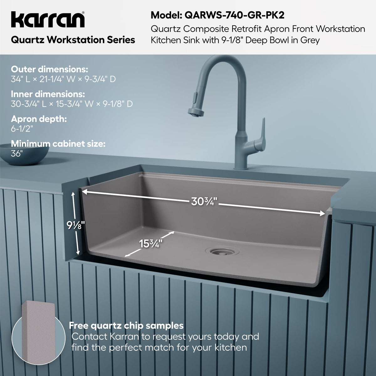 34" Apron Front Single Bowl Quartz Kitchen Sink Kit In Grey