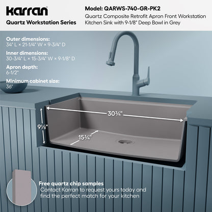 34" Apron Front Single Bowl Quartz Kitchen Sink Kit In Grey