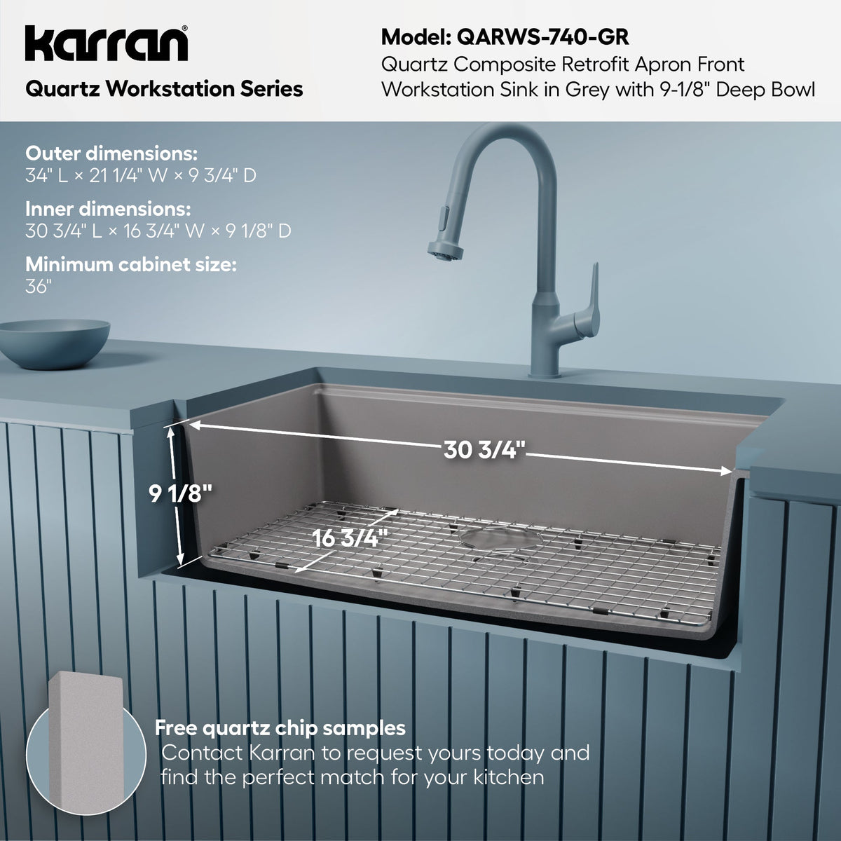 34" Retrofit Farmhouse Large Single Bowl Quartz Composite Workstation Kitchen Sink In Grey