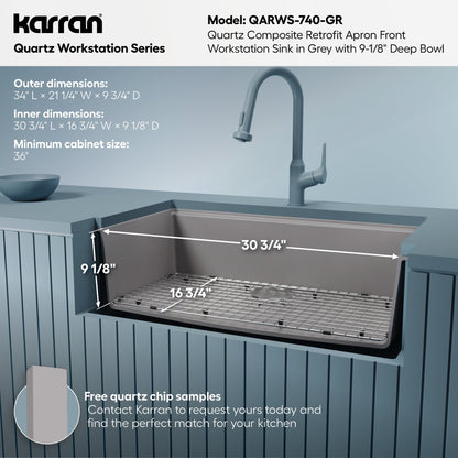 34" Retrofit Farmhouse Large Single Bowl Quartz Composite Workstation Kitchen Sink In Grey