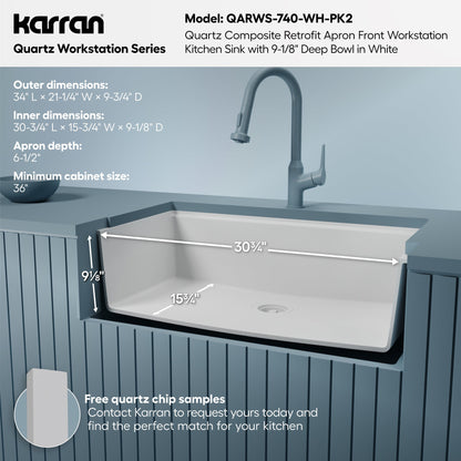 34" Apron Front Single Bowl Quartz Kitchen Sink Kit In White