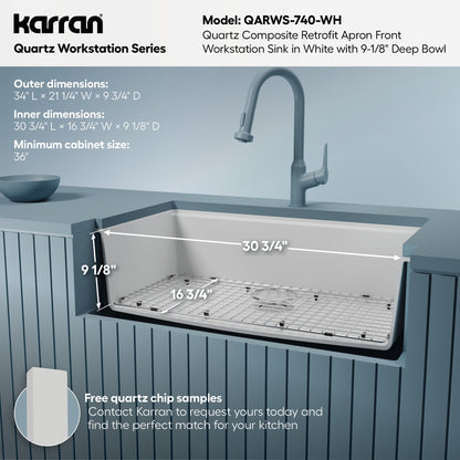 34" Retrofit Farmhouse Large Single Bowl Quartz Composite Workstation Kitchen Sink In White