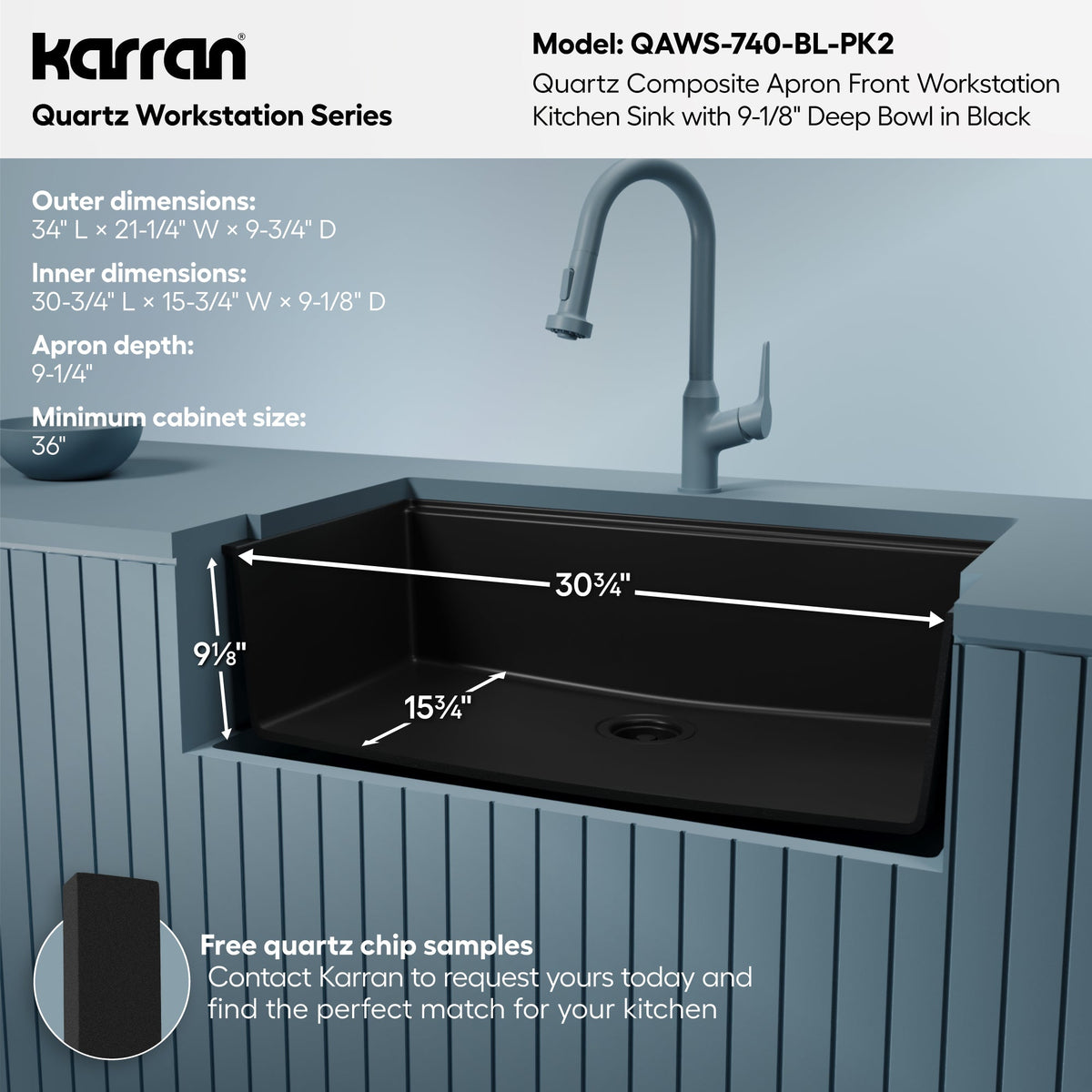 34" Deep Apron Front Single Bowl Quartz Kitchen Sink Kit In Black