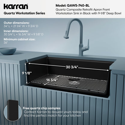 34" Farmhouse Large Single Bowl Quartz Composite Workstation Kitchen Sink In Black