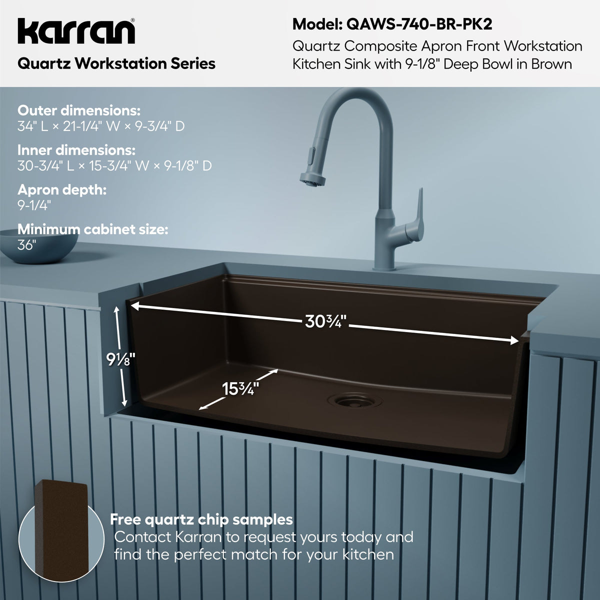 34" Deep Apron Front Single Bowl Quartz Kitchen Sink Kit In Brown