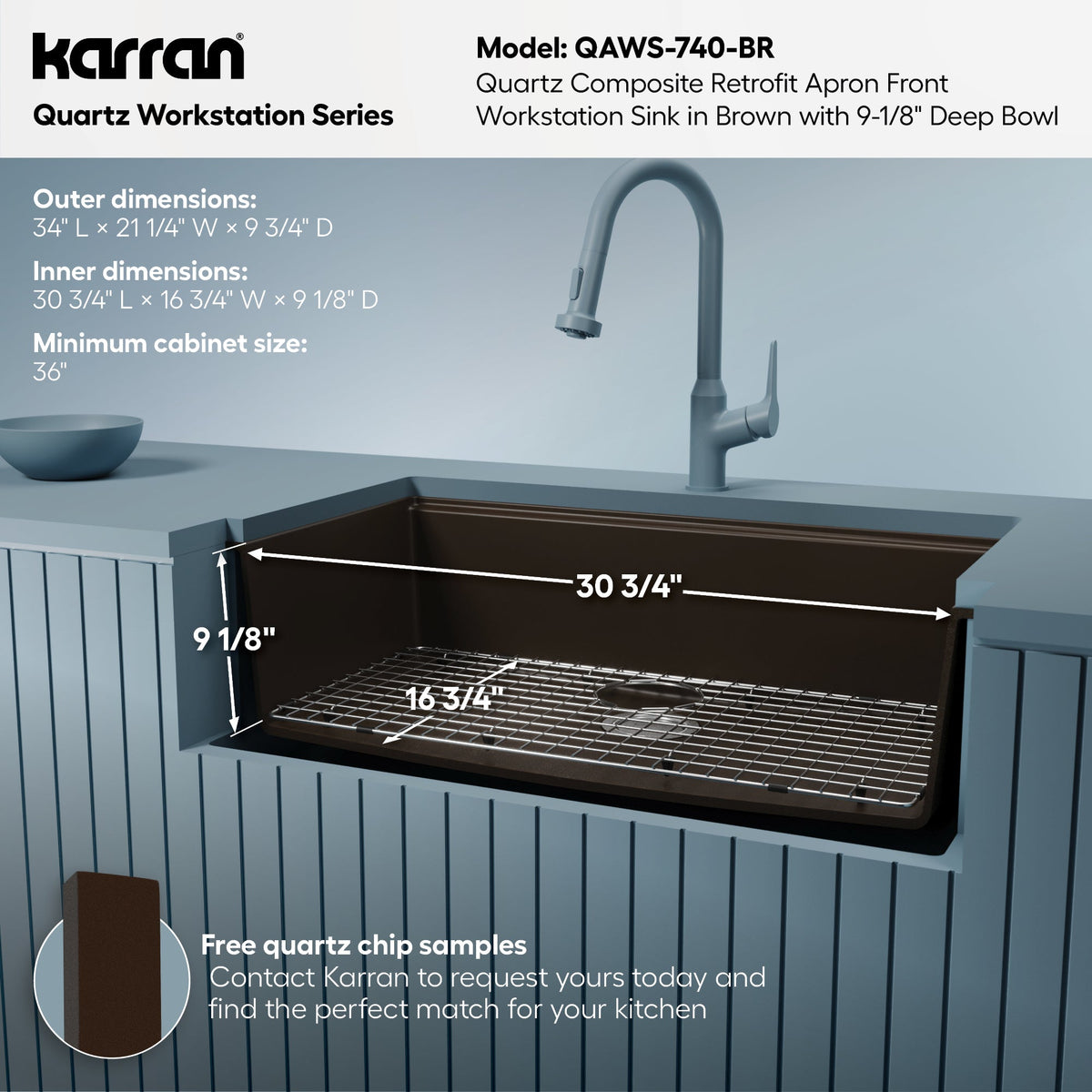 34" Farmhouse Large Single Bowl Quartz Composite Workstation Kitchen Sink In Brown