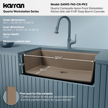 34" Deep Apron Front Single Bowl Quartz Kitchen Sink Kit In Concrete