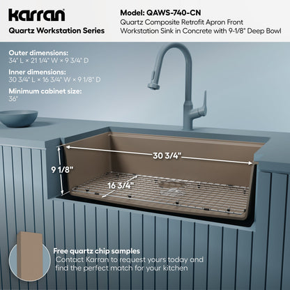 34" Farmhouse Large Single Bowl Quartz Composite Workstation Kitchen Sink In Concrete