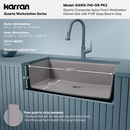 34" Deep Apron Front Single Bowl Quartz Kitchen Sink Kit In Grey