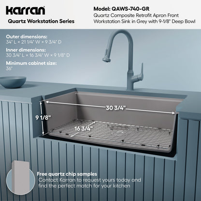 34" Farmhouse Large Single Bowl Quartz Composite Workstation Kitchen Sink In Grey
