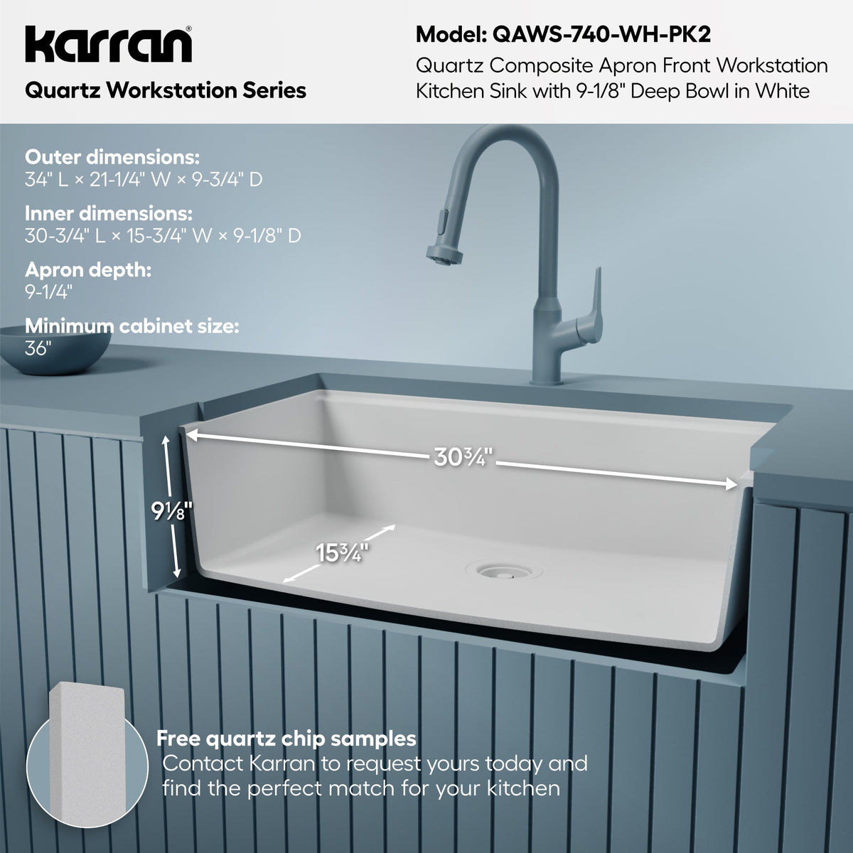34" Deep Apron Front Single Bowl Quartz Kitchen Sink Kit In White
