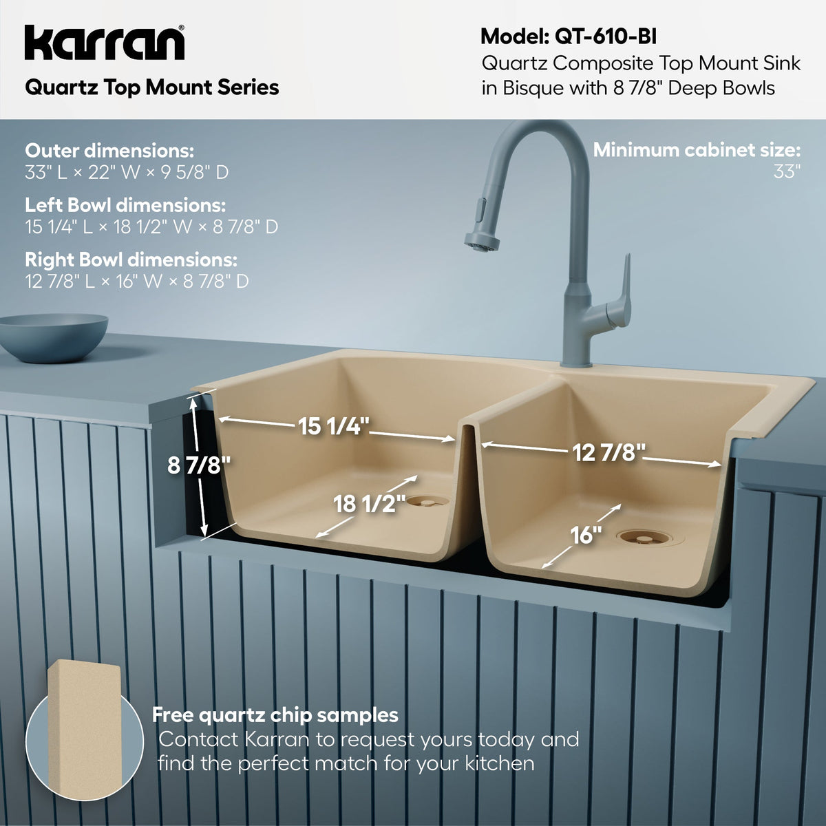 33" Top Mount Double Offset Bowl Quartz Composite Kitchen Sink In Bisque