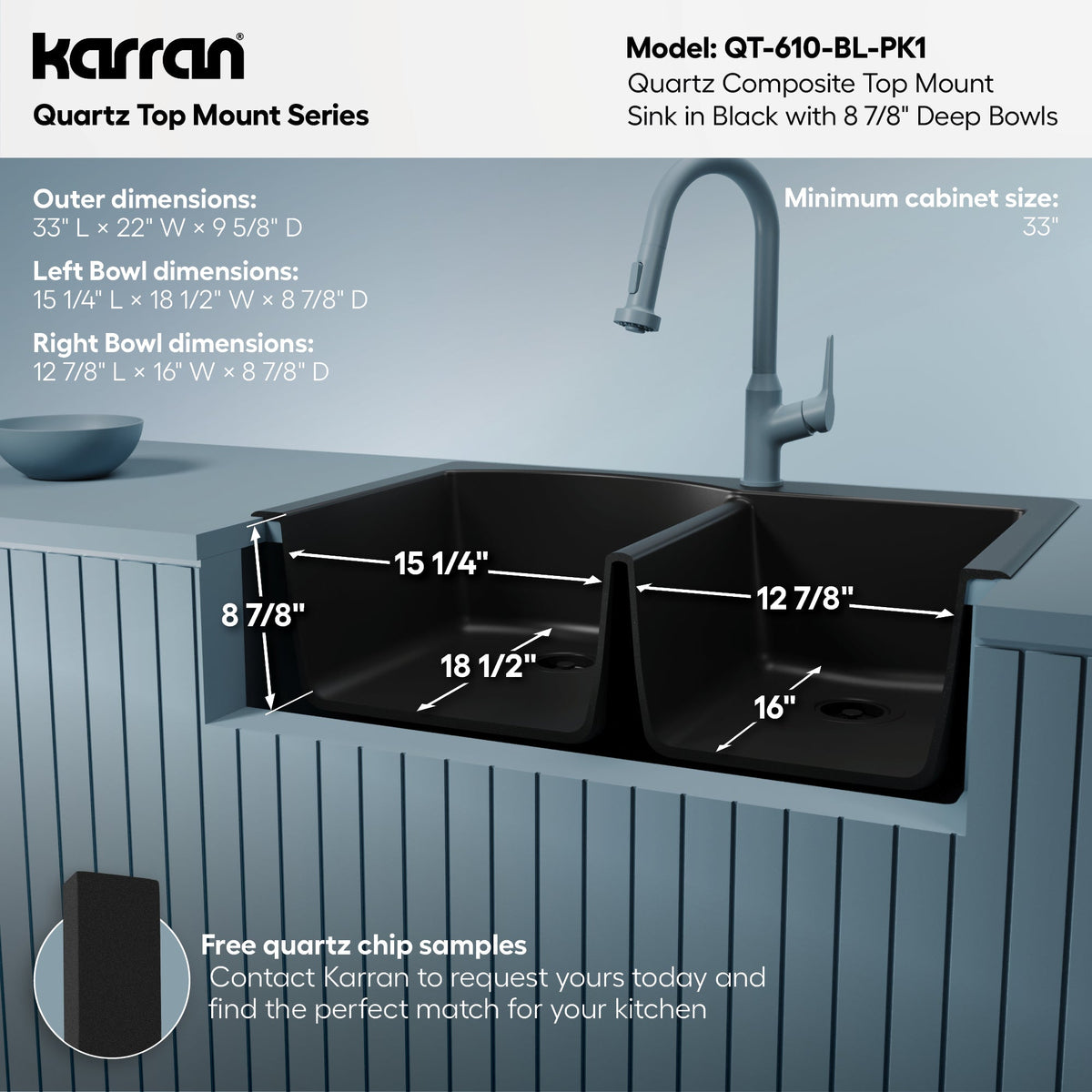 33" Top Mount Double Offset Bowl Quartz Composite Kitchen Sink Kit In Black
